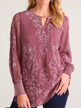 Soft Surroundings Delfine Embroidered Pink Long Sleeve Tunic Top Women's M